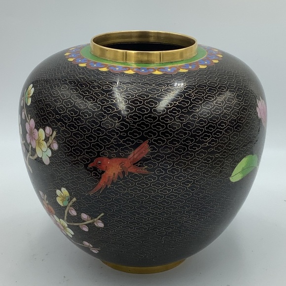 Chinese Black Cloisonné Jar/Vase with Floral Design - Picture 3 of 9